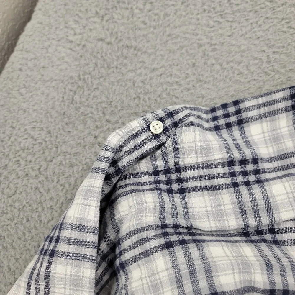 Banana Republic Shirt Mens XL White Blue Plaid Linen Button Up Long Sleeve‎